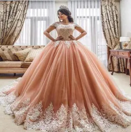 Luxus Ballkleid Quinceanera Kleider Juwel Spitze Applikat Korsett Sweep Zug süße 16 DESSES FORMALAGE KEINE KEINE VESTIDO DE 15 ANOS6201319