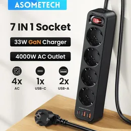 ASOMETECH 4000W Power Strip Multi Outlet 1.5M Extension Cord Network Filter With 3 USB PD 33W Fast Charging Surge Protector 240415