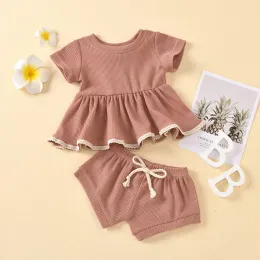 ショートパンツミランセル2022 Zomer Baby Set Baby Meisje Effen Kleur Ohals Korte Mouw Sut