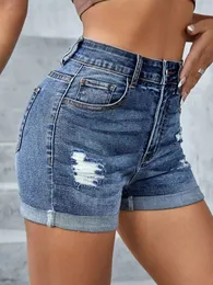 Summer Womens Midwaist Ripped Denim Shorts Fashion Sexig Elastic Rolled Skinny Jeans S2XL Drop 240415