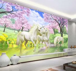 Custom 3d Wandbild Tapete Einhorn Dream Kirschblüten TV -Hintergrund Wandbilder für Kinderzimmer Schlafzimmer Wohnzimmer Tapete2550104