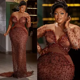 2024 Plus Size Aso Ebi Prom Dresses For Black Women Chocolate Illusion Sheer Neck Formal Glows Crystals Beading Tassel Luxury Birthday Dress Reception GOWNS AM705