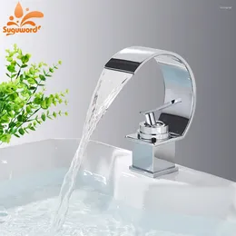 Bathroom Sink Faucets Suguword Chrome Waterfall Basin Faucet Single Handle Mixer Tap Deck Mount Torneira Cold Water