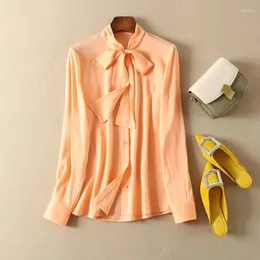 Women's Blouses ElfStyle Ladies 2024 Silk & Viscose Blend White/Champagne/Orange Pink Long Sleeve Blouse Shirt With Ribbon