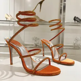 Strinstone cobra strass estiletto sandálias rene caavilla cilo de 95 mm Sapatos noturnos de salto alto feminino tornozelo