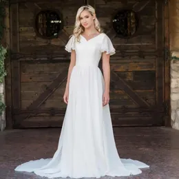 2022 New Aline Chiffon Boho Modest Wedding Dresses With Flutter Sleeves V neck Buttons Back Informal Beach Bridal Gowns Bohemian 3939238