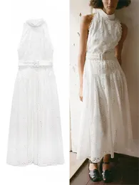 Trafza Womens midja Hollow Up Mirror Dress Brodery Beach Style Long Ehigh Neck Street Rustic Sweet White Dresses 240415