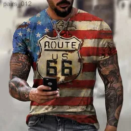 Men's T-Shirts Summer mens retro short sleeved US Route 66 letters 3D printed fashionable O-neck T-shirt oversized top mens clothing- yq240415