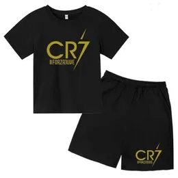 Clothing Sets Childrens T-shirt Summer CR7 Star Print Top/Shorts 2P Boys/Girls Kindergarten 3-13Y Birthday Gift Sunshine Casual Round Neck Sports Set T240524