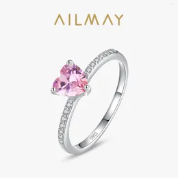 Clusterringe Ailmay 925 Sterling Silber Sparkling Romantic Pink Heart Clear CZ Finger für Frauen Trendy Hochzeitszubehör Juwely Geschenk