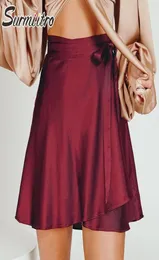 스커트 Surmiitro 2021 Satin Summer Mini Wrap Skirt 여성 한국 스타일의 빨간 핑크 블랙 레이스 업 High Waist 여성 7481051