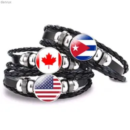 Другие браслеты Северная Америка флаг Бангл Канада Америка Мексика Ямайка Багамс Куба Барбадос Флаг Стекло Кабочон Баттон Черный кожа браслет240415