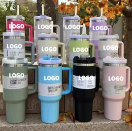 Mit 1: 1 Logo 40oz Quencher H2.0 Tumbler Rose Quarz Polar Wirbel Edelstahlbecher mit Griffdeckel und Stroh Cosmo Pink Parade Flamingo Car Becher Wasserflaschen G0415