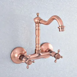 Bathroom Sink Faucets Antique Red Copper Brass Wall Mounted Kitchen Faucet Swivel Spout Mixer Tap Dual Cross Handles Lsf868