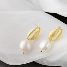 Dangle Earrings Handmade Creative 18K Gold Plated Trendy Natural Baroque Freshwater Pearl Retro Style Conch Mouth 925 Sterling Silver