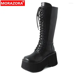 Stiefel Morazora 2024 echte Lederplattform Winter cooler Reißverschluss Knie hohe schmale Band Chunky Heels Stretch