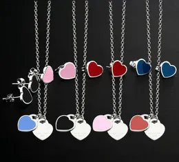 Emaljblå rosa gröna dubbla hjärtsmycken sätter charms halsband och örhängen mode rostfria bokstäver solguld smycken tset5337323