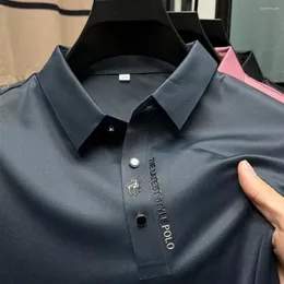 Męska marka marki haftowa koszula polo lodowa jedwabna elastyczność krótki rękaw 2024 Summer Trend Lapel Tshirt Fashion Busines
