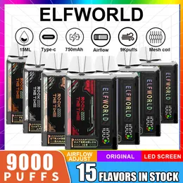 Original Elfworld 9000 Puff Disposable E Cigarett 15 ml Förfylld pod 750mAh Battery Mesh Coil 0%2%3%5%Nivå 15 Flavor Puffs 9K Vape Pen Puff 9K