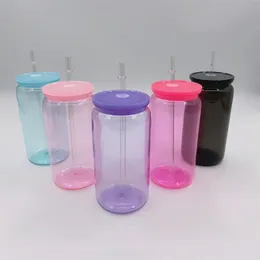 Klar farbig 16oz Plastik Dose Tassen Unbreakablea Acryl Tumbler wiederverwendbares BPA Free Sippy Tassensaftglas trinken kalte Getränke Tassen mit Deckel Strohhalmen für UV -DTF -Wraps