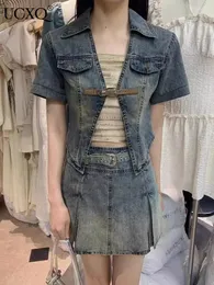 فساتين العمل UCXQ Y2K Fashion All Match Denim Jacket Jacket Camisole Weistband A-Line Short Skirt Three Three Women Women 2024 Spring Summer A8265