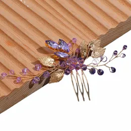 fioletowe dhinstes Wedding Hair Grawo z kryształowymi norkowatymi kawałkami włosów liście nakrętów ślubnych Włosy