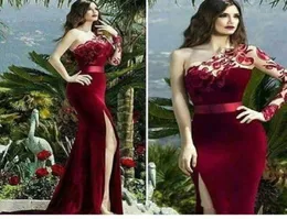 Burgundy Velvet Mermaid Evening Dresses 1 어깨 긴 소매 무도회 댄스 파티 드레스 높은 분할 공식 이브닝 파티 가운 4745625