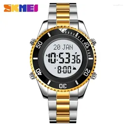 Wristwatches SKMEI Stainless Steel Digital Watch Muslim Azan Prayer Compass Clock Adhan Alarm Hijri Islamic Wristwatch With Back Light 2141