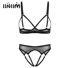 Bras Sets 2Pcs Womens Feminine Lingerie See Through Sheer Mesh Underwear Set Open Cups Bra Top With Low Rise Crotchless Briefs