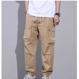 Men's Pants Preppy Style Pockets Casual Solid Workwear Sports Harlan Lantern Tie Trousers Elastic High Waist Spring Autumn