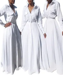 Women Fashion Turndown Collor Buttons Down White Dress Front Pockets High Waist Big Swing Slim Tunic Maxi Long Dresses9532540