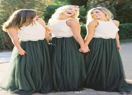2020 New Two Pieces Green Bridesmaid Dresses Lace Top Tulle Sleeveless Plus Size Long Beach Cheap Maid Of Honor Formal Wedding Gue3868028