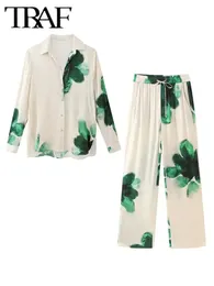 Traf Green Impresso Pants Long Conjuntos para mulheres 2 peças Camisas da moda Top San Femin