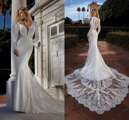 BOHO Trumpet sirena abiti da sposa con maniche lunghe v NERCO COUCI APPLICATO APPLICATO MAGLIE ILLUSIONE ILLUMI ILLUSIONE SLINE SLINE SLINE ASSEGGIO ELEGANTE SOTTO DE MARIEE CL1990