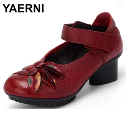 Dress Shoes YAERNI Folk Style Handmade Original Vintage Flower Women Mid Heels Genuine Leather Pumps Lady Retro Soft Woman E445