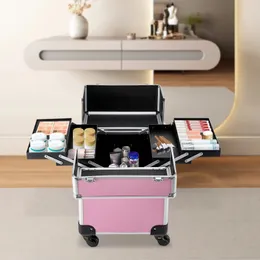 Professional Cosmetics Beauty Nail Salon Frisör Pink Rolling Makeup Train Case Large Cosmetic Trolley Organiserad 240416