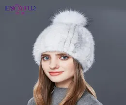 Divertimento da donna039 berretto di pelliccia per pelliccia vera e propria cappello di pelliccia con pelliccia pom pom cappelli in visone a maglia per inverno di alta qualità di alta qualità femmina calda beani4586392