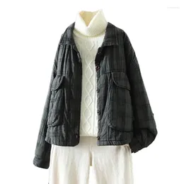 Blusas femininas 2024 Retro areia lava -linho jaqueta fina de inverno de bolso grande com tecido pequeno tampo pequeno