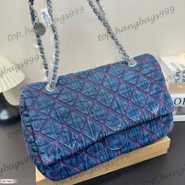 Lüks Tasarımcı Klasik Mavi Denim Jumbo Maxi XXL Havaalanı Kapitone Torbalar Sikke Silve Zincir Crossbody Çanta