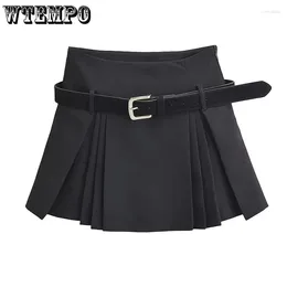 Saias WTempo estilo Preppy Pleated With Belt Women Fashion High Cídhar A-Line Grey Black Mini Safety Calças