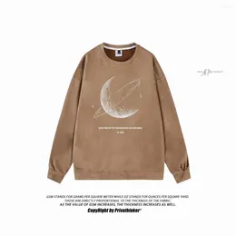 Erkek Hoodies Bend Moon Mektup Grafik Sweatshirt Gevşek Düz Süet Uzun Kollu Üst Büyük Boy Hip Hop Unisex Sweatshirt Kazak