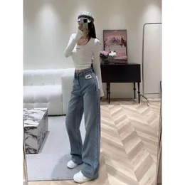 2023 Autumn/Winter New P Family White Fleece Pocket Straight Leg Jeans Women's Waist Slimming High End Wide Pants Instagram