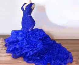2023 Royal Blue Red Sexy Mermaid Prom Dreess Plunging V Neck Lace Crystal Organza Tiered Ruffles Skirts Evening Gowns Plus Size F3358001