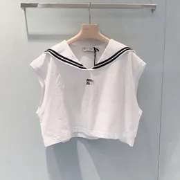 Miumiues TシャツデザイナーラグジュアリーファッションレディースTシャツのレターエクサマリーネイビースタイルの袖なしタンクトップ新しいセーラースーツショートトップス