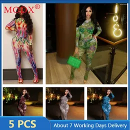 여자 2 피스 바지 5sets 여성 세트 패션 긴 소매 메쉬 프린트 바디 콘 의상 섹시한 Y2K 옷 벌크 아이템 도매 로트 M13263