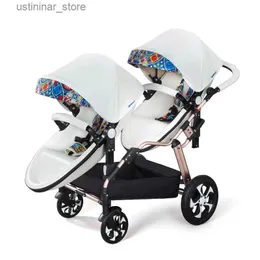 عربات# 2024new Twins Twins Baby Strolleraluminum Frame Pu Leather Twin Prambaby يمكن أن يجلس و CareDouble Baby Stroller Carriage L416