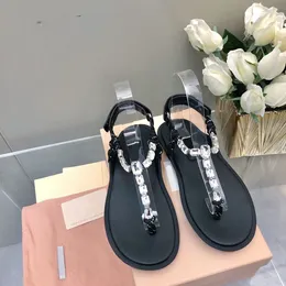 Designer sandaler riviere läder corduroy bomull rep tå sandaler nya miui strass flip flops kvinnor kristall platt sandaler