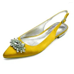 Casual Shoes CreativeSugar Slingback Pekade tålägenheter med Crystal Brosch Lady Satin Evening Dress Bridal Wedding Prom Yellow Navy