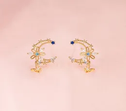 2021 Spring New Design Fashion Girl Jewelry Rose Gold Colors Dainty Blue CZ Flower Cute Lovely Moon Shape Butterfly Drop Earring2980719