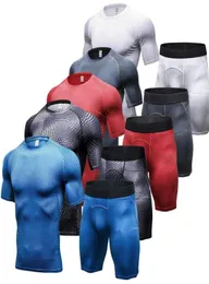 الضغط على Muscle Men Tracksuit Demix Running Set Litness Thirt Tshirt Legging Shorts Men039S Sportswear Gym Sport Suit6482586